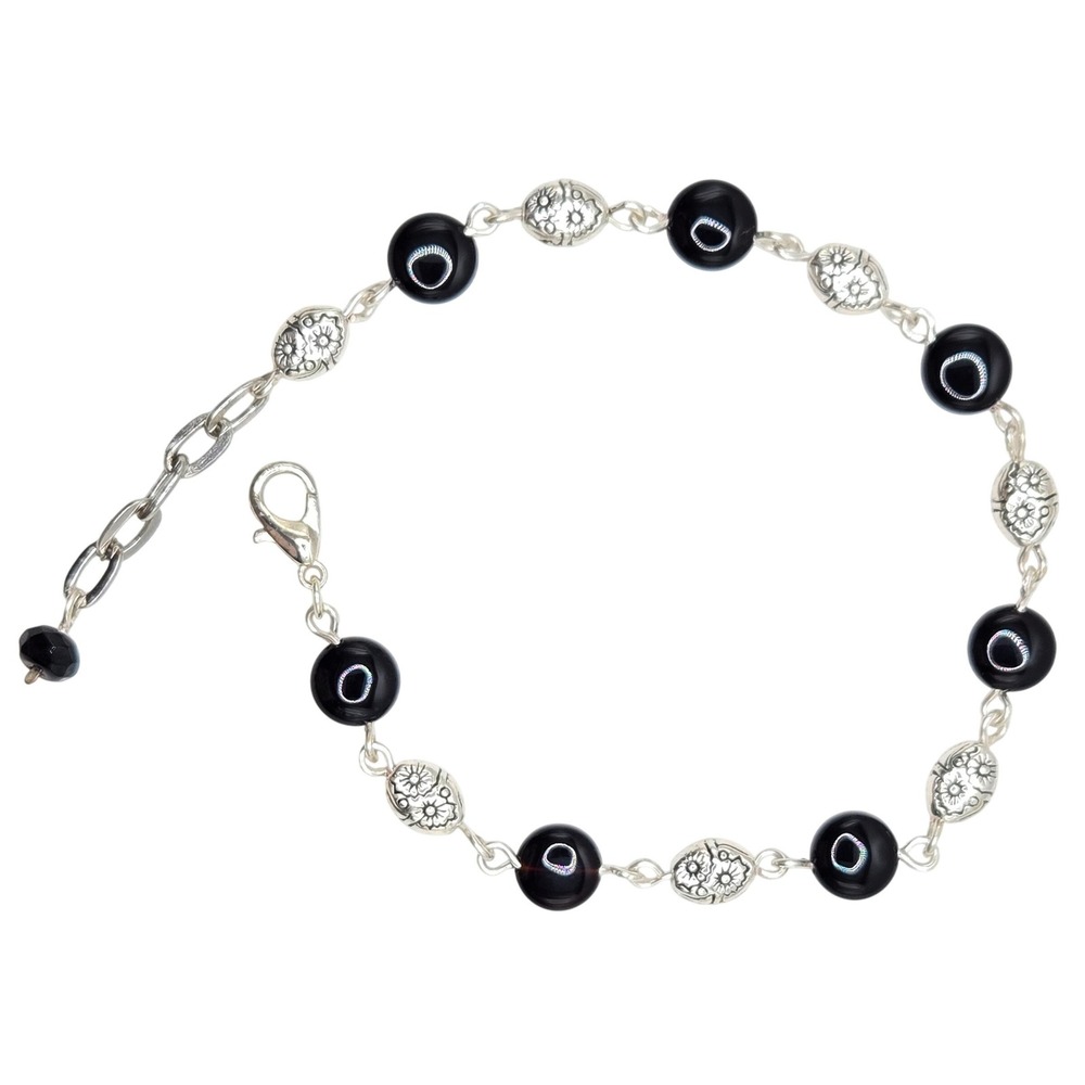 Handmade Bracelet Black Obsidian Silver Alloy‎ Floral Engraved Link Adjustable